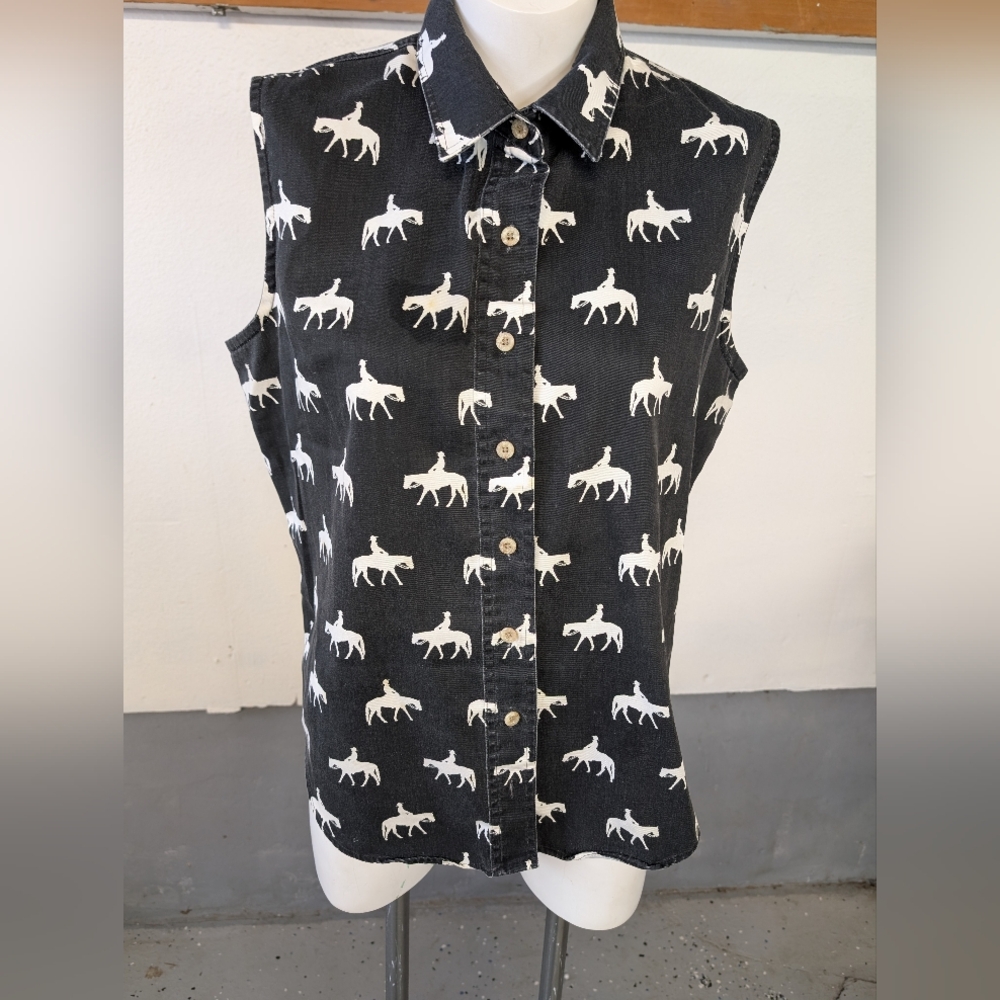 Barn Fly Sleeveless Black  White Horse Print Western Coastal Cowgirl